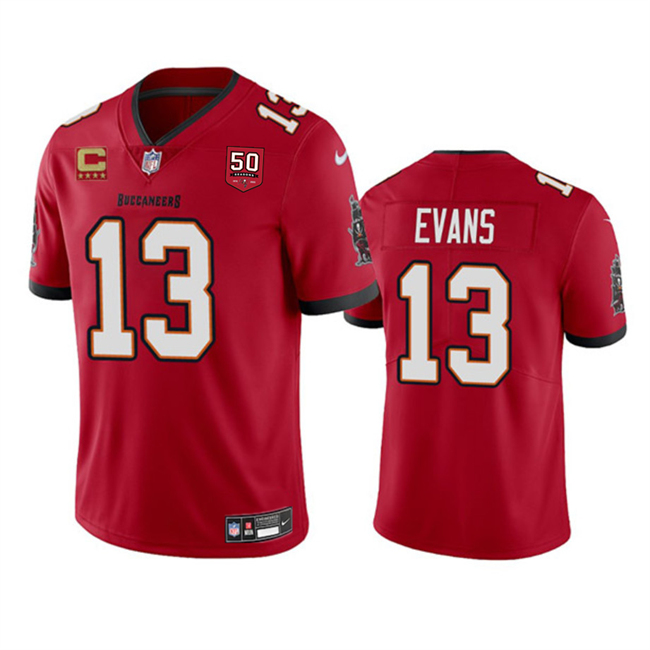 Men's Tampa Bay Buccaneers #13 Mike Evans Red 2025 50th Anniversary Patch And 4-Star C Patch  Vapor Untouchable Limited Stitched Football Jersey